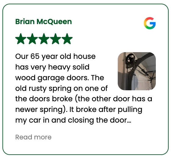 Our 65 year old house has very heavy solid wood garage doors. The old rusty spring on one of the doors broke (the other door has a newer spring). It broke after pulling my car in and closing the door.
